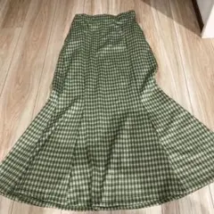 グリーン系チェック フレアロングスカート L
