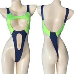 レオタード　ハイレグ　穴あき　蛍光イエロー×ネイビー