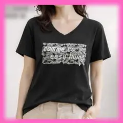 【COMME CA】上質綿100% Vネック ロゴTシャツ M 黒 ワンポイントのサムネイル