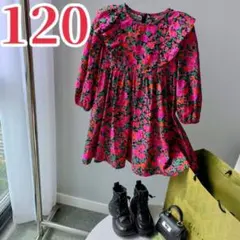 おしゃれ♡フリル花柄ワンピース 秋冬 韓国 子ども服 ピンク 女の子 120
