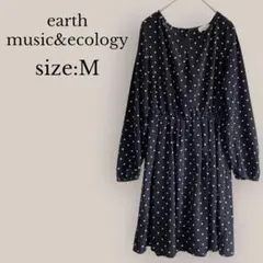 【アースミュージックアンドエコロジー】ドット柄ワンピース　膝丈　ネイビー《美品》