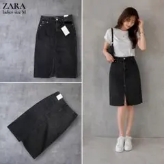 【新品タグ付】ZARA ザラ フロントスリット デニム ロングスカート 黒 Mのサムネイル
