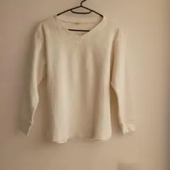 UNIQLO Vネック七分袖ワッフルカットソー S ホワイト