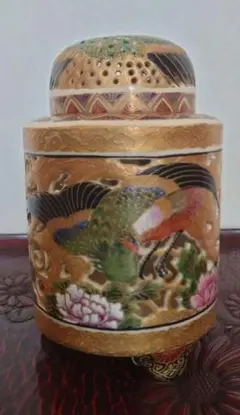 薩摩焼　紫陶 香炉 透かし彫り 鳳凰