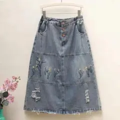 綺麗め デニム 切り替え 破れジーンズ カジュアル Aライン ロングスカート