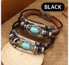 【新品】黒　アメカジ　メンズ　ターコイズ色　ベルト ブレスレット