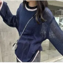 ゆるふわ nemne シアーニット かぎあみニット バイカラー 韓国風 ネイビーのサムネイル