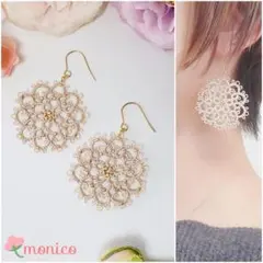 フラワーモチーフのタティングレースピアス【パール無し】