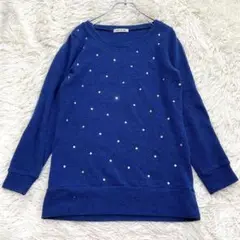1569 ビジュー付き ロング丈長袖ニット 青 キラキラ スワロフスキー 綺麗め
