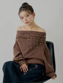 チコ　Chico ビジュー付きアンゴラオフショルニット　ブラウン