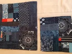 藍染め木綿古布パッチワークミニマット２枚 型染め　絣　刺し子