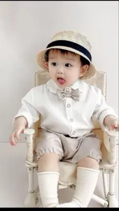 ベビー　フォーマル　セットアップ　男の子　シャツ　パンツ　蝶ネクタイ　グレー