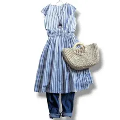 アーバンリサーチドアーズ　コットン100%　ノースリーブワンピース　紺ストライプ