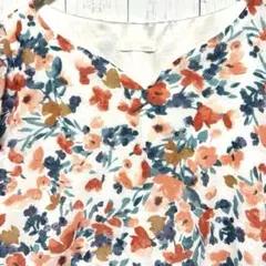 ワールド WORLD 花柄ワンピースオレンジブルーM膝丈ウエストゴム半袖総柄春夏