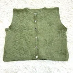 8245 良品✨ショート丈ニットベスト 緑 雪柄 ゆったり レトロ クルーネック