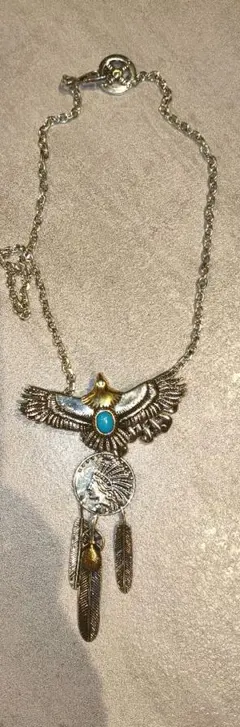 羽根モチーフ ターコイズ イーグル フェザーネックレス ターコイズ 60cm