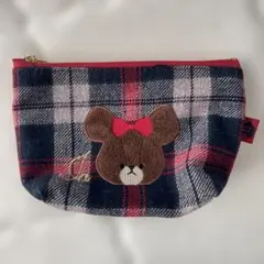 くまのがっこう ジャッキー　ポーチ　チェック柄 クマ刺繍 ポーチ