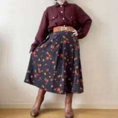 花柄 総柄 ロングスカート 昭和レトロ ヴィンテージ 日本製 茶色 オレンジ