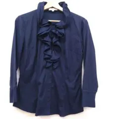 【美品】 NARACAMICIE 長袖ジップアップブラウス シャツ 1 水色×白 NARACAMICIE】ストライプフロントフリル長袖ブラウス(1(M)9号 ブルー