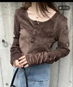 ブラウン ベルベット風 長袖Tシャツ L