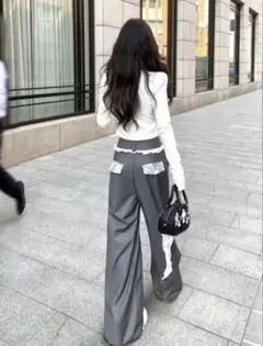 グレーハイウエストルーズワイドレッグストレートカットロングパンツ