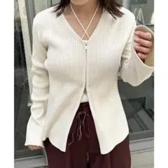 【限定価格】ダブルジップ リブニット カーディガン ラメ ベージュ 着痩せ