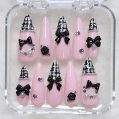 現品 ネイルチップ フレンチガーリー スナ系 韓国 ワンホン ツイードネイル