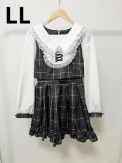 しまむら×サノカナメ レースアップフリル衿チェック柄ワンピース 黒 LL