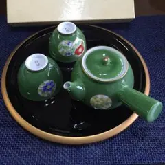 茶器5客セット【草花緑彩】丸盆付き 値下げ中