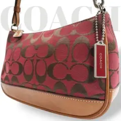 美品✨コーチ　アクセサリーポーチ　シグネチャー　キャンバス　レザー　肩掛　レッド