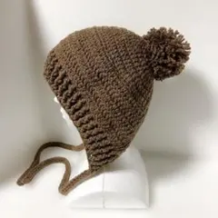 耳当て付きニット帽　ボンネット帽子フード帽 y2k かぎ針編み ポンポン付き