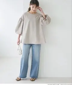 coca 袖バルーンAラインブラウス　グレージュ