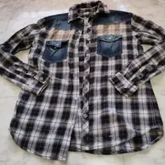 Bark＆Forth ウエスタンチェック柄デニムパッチ長袖シャツ