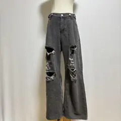 ダメージワイドデニムジーンズ（M）グレー系　フェアリーグランジ