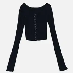タグ無し新品 細リブショートカーディガン 黒 クロップド 長袖 Y2K 薄手
