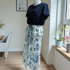 インゲボルグ ロージズチークptペプラムカットソーワンピース 半袖 花柄 青 4