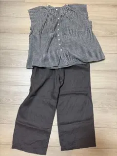 無印良品 白黒ギンガムチェック 半袖シャツM リネンワイドパンツ　こげ茶M