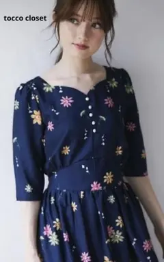 【tocco closet】花柄ネイビー半袖カットソーワンピース　M