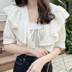 GRL ショルダーフリルリボンショート丈ボレロ ホワイト カーディガン 半袖