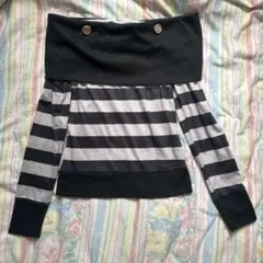 90s平成オフショルダー ストライプ 長袖トップス