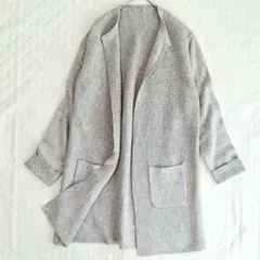 GIVORS ウールアルパカ混ノーカラーロングカーディガン　L　グレー×ブラウン