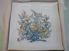 鍋島焼 染錦 陶額 萩菊紋 岳山造 共箱付き 飾り皿 額皿 伝統工芸