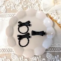 ベビーヘアゴム ヘアクリップ 3点 リボン ブラック 黒 キッズ 子供 保育園