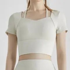 ホワイトベージュ　カップ付きピラティスウェア