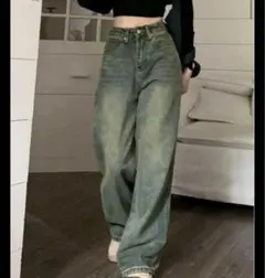 無地柄 ワイドレッグ ジーンズ デニムワイドパンツ む