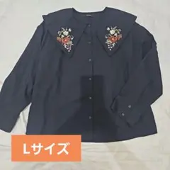 OFALO 花柄刺繍 ビッグカラー 長袖シャツ ブラック