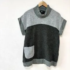 フレンチスリーブニットチュニック　Lサイズ　灰色グレー系　バイカラー　体型カバー