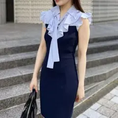 【SNIDEL】　フリルカラースリーブワンピース　ネイビー　M SNIDEL（スナイデル）の「フリルカラーノースリーブワンピース