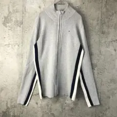 Y1106古着　ニットセーター　フルジップ　ワンポイント　グレー　90s Y2K