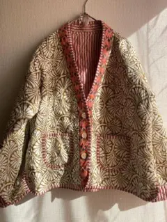 リバーシブル ブロックプリントキルティングジャケット オリーブ色